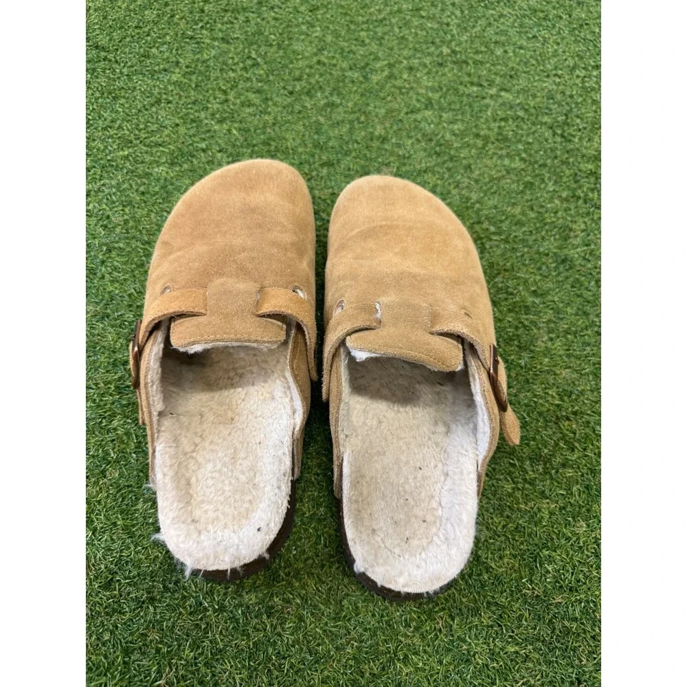 KIDMI Mens Suede Clogs‎ Faux Shearling Lined Buckle Mules Tan Size 8